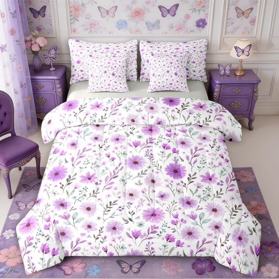Manfei Watercolor Floral Leaves Full Size Bedding Sets 7 Pieces,Rustic Botanical Full Size Bed in a Bag,Reversible