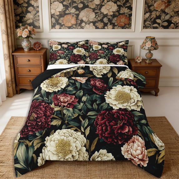Manfei Watercolor Floral Peony Full Size Comforter Sets 3-Piece,Vintage Botanical Flowers Bedding Comforter Set,1 Comforter and 2 Pillowcases,Reversible