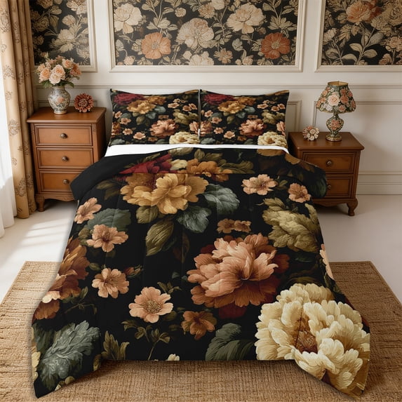 Manfei Watercolor Floral Peony Queen Comforter Set 3 Pieces,Vintage Botanical Flowers Comforter Sets Queen,1 Comforter and 2 Pillowcases,Reversible