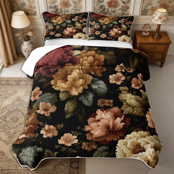 Manfei Watercolor Floral Peony Twin Quilt Set 2 Pieces,Vintage Botanical Flowers Twin Coverlet Set,1 Bedspread and 1 Pillowcase