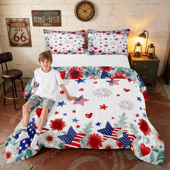 Manfei Watercolor Floral Stars Queen Comforter Set, Firework US Flag Comforter Sets Queen, Red Blue White, Navy Reversible 3pcs, 1 Comforter and 2 Pillowcases