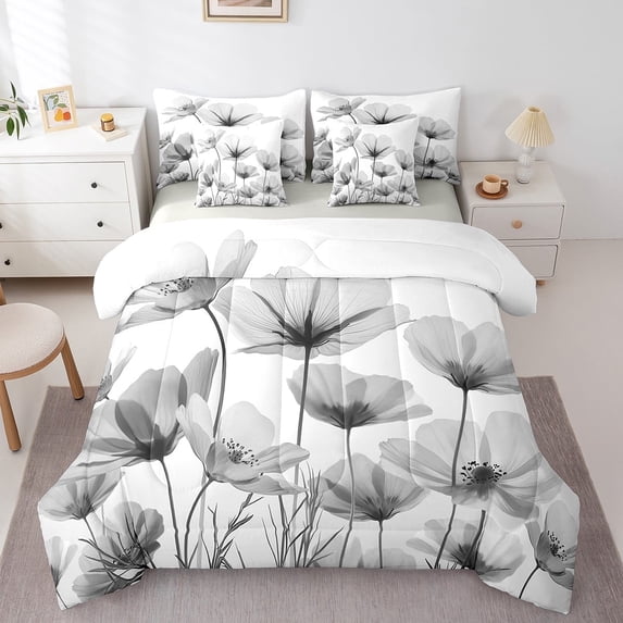 Feelyou Watercolor Floral Twin Bedding Sets 7-Piece, Ink Grey Flower Bedding Comforter Set, Simple Fashion Sheet Sets, Breathable Room Decor