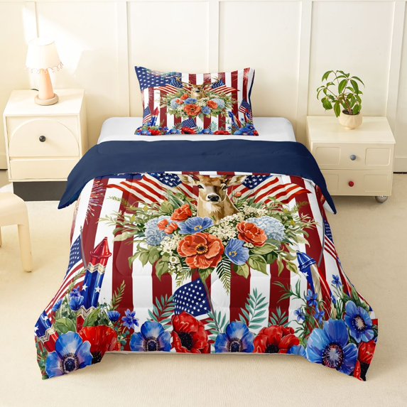 Manfei Watercolor Floral Twin Comforter Sets,Classic Buck Head Flag Bedding Set,Red Navy,Navy Blue Reversible,2-Piece,1 Comforter and 1 Pillowcase