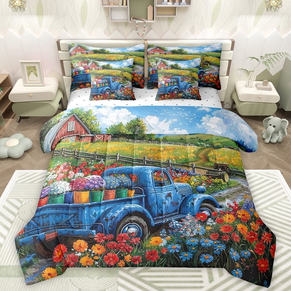 Manfei Watercolor Flowers 7-Piece Twin Bedding Sets,Rustic Floral Bedding Comforter Set,Multicolor Natural Scenery Sheet Sets For Kids,Ultra Soft Home Decor Reversible