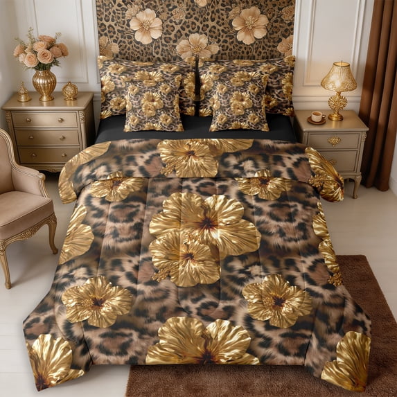 Manfei Watercolor Flowers 7-Piece Twin Bedding,Vintage Leopard Print Splash Bedding Comforter Set,Reversible