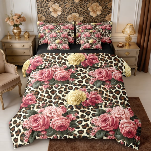 Manfei Watercolor Flowers 7-Piece Twin Bedding,Vintage Leopard Print Splash Bedding Comforter Set,Reversible