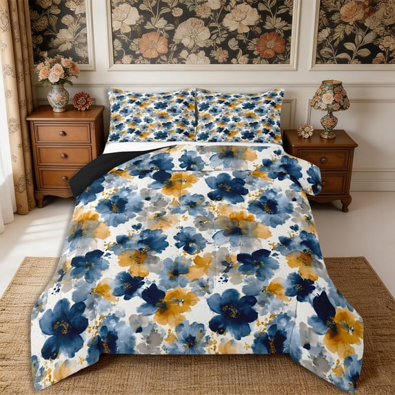 Manfei Watercolor Flowers Full Size Comforter Sets 3-Piece,Rustic Botanical Bedding Comforter Set,1 Comforter and 2 Pillowcases,Reversible