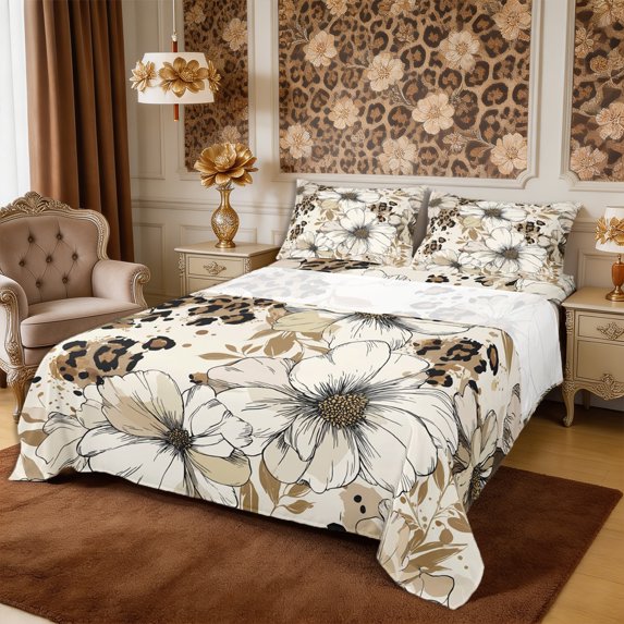 Manfei Watercolor Flowers Queen Sheets 4 Pieces,Vintage Leopard Print Splash Queen Sheet Sets,1 Flat Sheet,1 Fitted Sheet and 2 Pillowcases