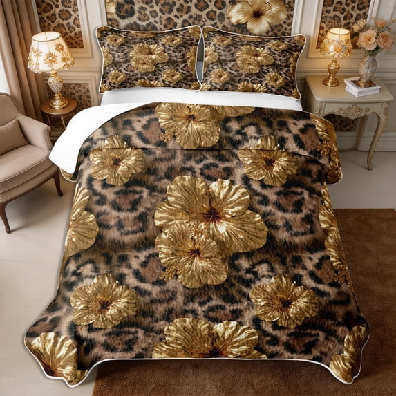 Manfei Watercolor Flowers Twin Quilt Set 2 Pieces,Vintage Leopard Print Splash Twin Coverlet Set,1 Bedspread and 1 Pillowcase