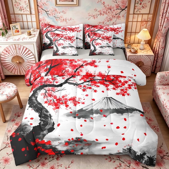 Manfei Watercolor Fuji Bedding Comforter Set for Girls Women, Red Blossom King Bedding Sets, Black Red White, Gray Reversible7 Pieces