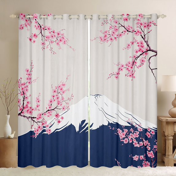 Manfei Watercolor Fuji Black Out Curtains for Girls, Cherry Blossom Curtains Pack of 2 (42x63 Each), Pink Blue