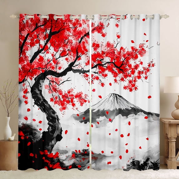 Manfei Watercolor Fuji Black Out Curtains for Girls Women, Red Blossom Curtains Pack of 2 (42x63 Each), Black Red White