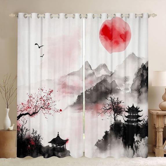 Manfei Watercolor Fuji Black Out Curtains for Teens, Pink Moon Curtains Pack of 2 (42x63 Each), Black Red White