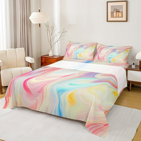 Manfei Watercolor Fulid Art Twin Sheet Sets,Chic Ink Paingting Twin Fitted Sheet,Pink Blue Beige Ombre Flat Sheet For Girls Kids,Breathable Home Decor,3-Piece