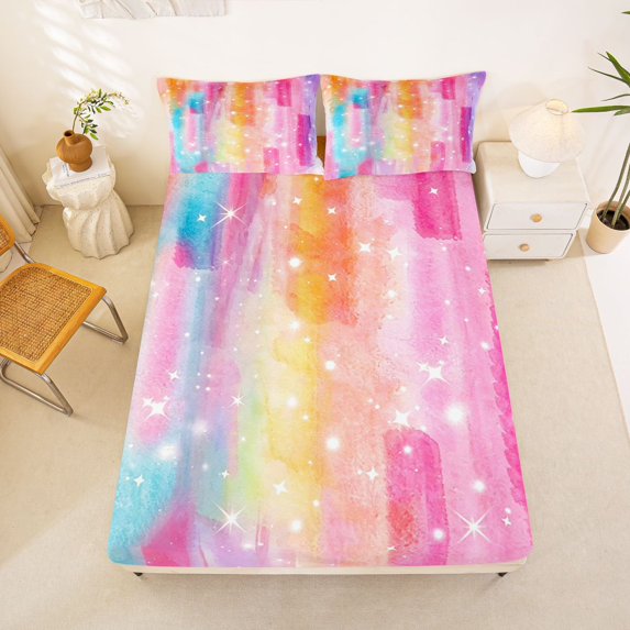 Manfei Watercolor Galaxy Fitted Sheet Full, Sparkle Star Bed Set, Pink Orange, 3 Pieces, 1 Fitted Sheet and 2 Pillowcases