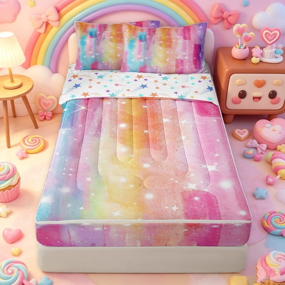 Manfei Watercolor Galaxy Zipper Full Size Comforter Sets with Fitted Sheet and 2 Pillowcases, Sparkle Star Zipper Bedding Set, Pink Orange, Stars Reversible, 4 Pieces