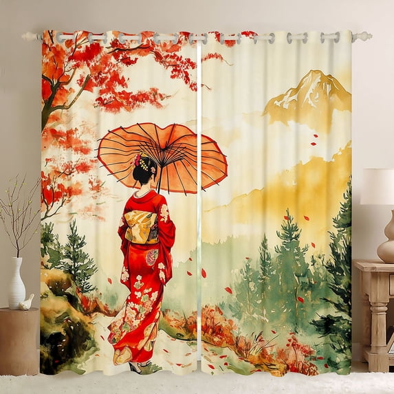 Manfei Watercolor Geisha Black Out Curtains for Girls, Red Umbrella Curtains Pack of 2 (42x63 Each), Red Orange Green