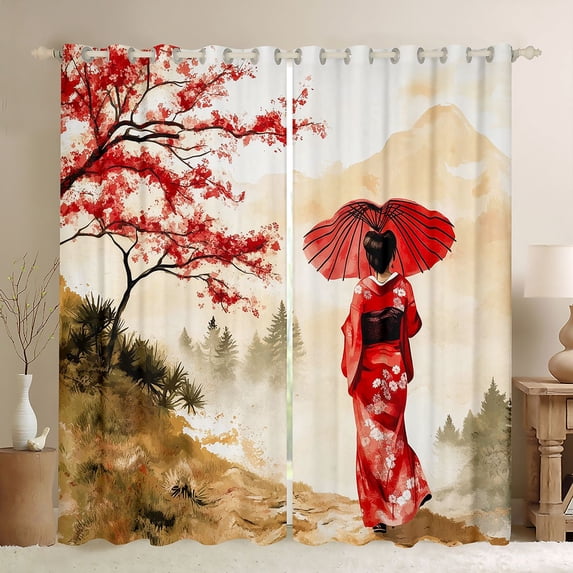 Manfei Watercolor Geisha Black Out Curtains for Home, Fuji Sakura Curtains Pack of 2 (42x63 Each) for Office, Red Brown Green