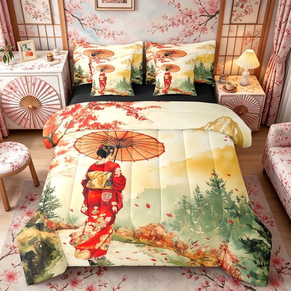 Manfei Watercolor Geisha Twin Bedding Sets for Girls, Red Umbrella Bedding Comforter Set, Red Orange Green, Black Reversible7-Piece