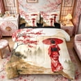 thumbnail image 1 of Manfei Watercolor Geisha Twin Bedding Sets for Home, Fuji Sakura Bedding Comforter Set for Office, Red Brown Green, Black Reversible7 Pieces, 1 of 6