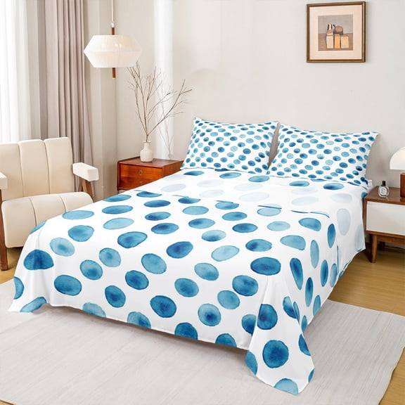 Manfei Watercolor Geometric Circle Queen Sheet Sets,Ink Painting Art Flat Sheet,Blue White Queen Fitted Sheet For Boys Girls,Microfiber Bedroom Decor,4-Piece