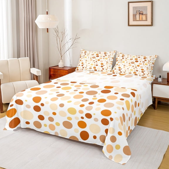 Manfei Watercolor Geometric Circle Queen Sheet Sets,Ink Painting Art Flat Sheet,Orange Brown Queen Fitted Sheet For Boys Girls,Microfiber Bedroom Decor,4-Piece
