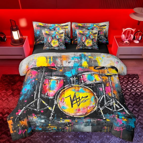 Manfei Watercolor Graffiti 7-Piece Bedding Comforter Set,Music Drum Kit King Bedding Sets,Colorful Aplstter Ink Bed Sheets For Boys,Luxury Bedroom Decor Reversible