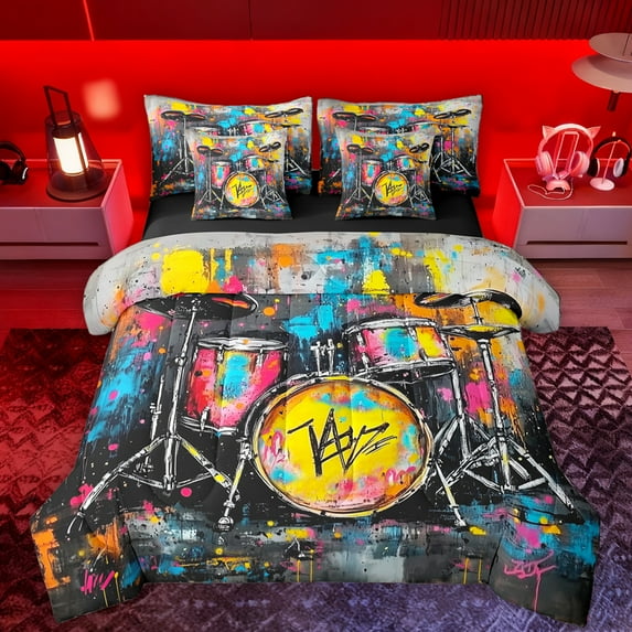 Manfei Watercolor Graffiti 7-Piece Twin Bedding Sets,Music Drum Kit Bedding Comforter Set,Colorful Aplstter Ink Sheet Sets For Boys,Luxury Bedroom Decor Reversible