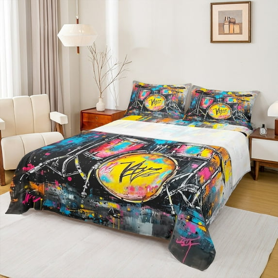 Manfei Watercolor Graffiti Queen Sheet Sets,Music Drum Kit Flat Sheet,Colorful Aplstter Ink Queen Fitted Sheet For Boys,Luxury Bedroom Decor,4pcs