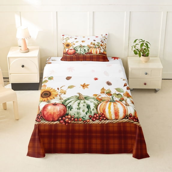 Manfei Watercolor Harvest Print Twin Sheets for Kids, Thanksgiving Pumpkin Sunflower Bedding, 3-Piece, 1 Flat Sheet, 1 Fitted Sheet and 1 Pillowcase