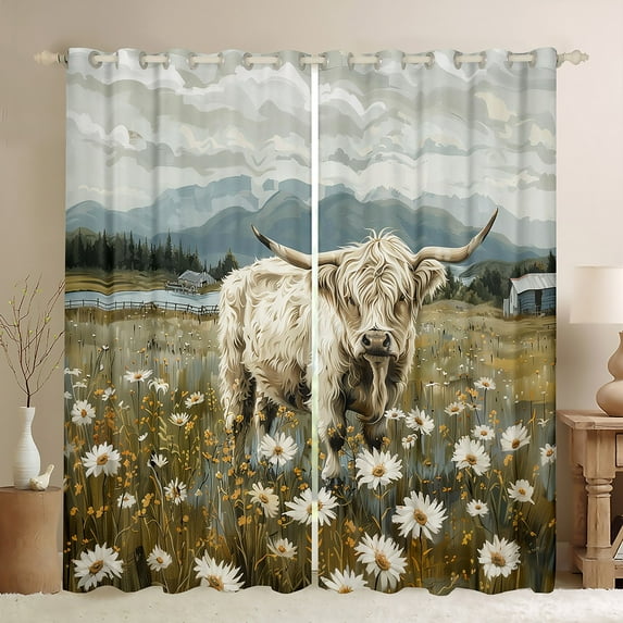 Manfei Watercolor Highland Bull Curtains Pack of 2 (42x84 Each), Daisy Blossoms Curtains Blackout, Rustic Lodge Cabin Living Room Curtains, Luxurious Home Decor