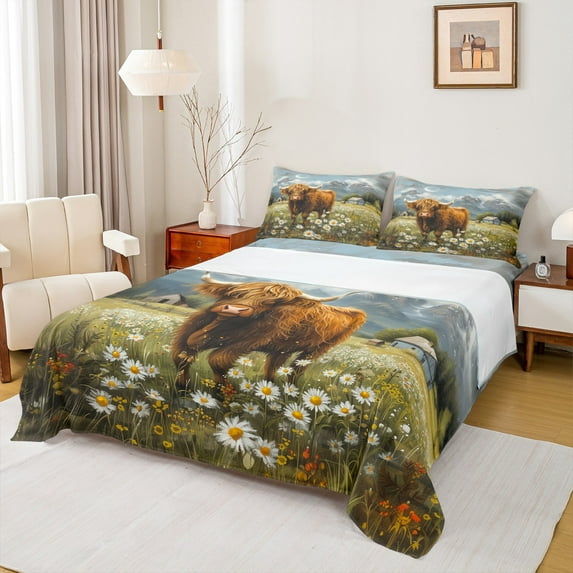 Manfei Watercolor Highland Bull Twin Sheet Sets, Daisy Blossoms Twin Fitted Sheet, Rustic Lodge Cabin Flat Sheet, Super Cozy Room Decor 3pcs