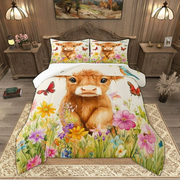 Manfei Watercolor Highland Cow Bedding Comforter Set for Kids Boys Girls, Spring Garden Floral Twin Comforter Sets, Colorful Butterfly Bedding Set, Super Cozy Room Decor 2 Pieces