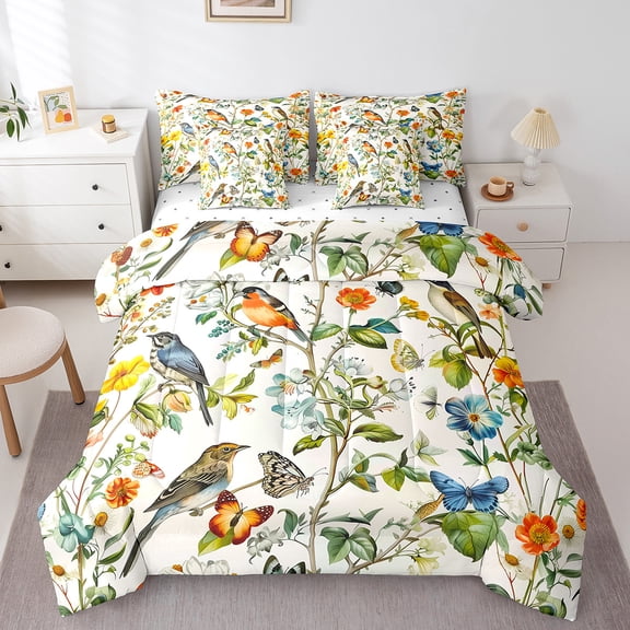 Manfei Watercolor Hummingbird Bedding Twin Size,Wild Animal Bird Comforter Sets with Sheets,Green Botanical Flower Bedding Sets Twin Size,Breathable Bedroom Decorative Reversible,7pcs
