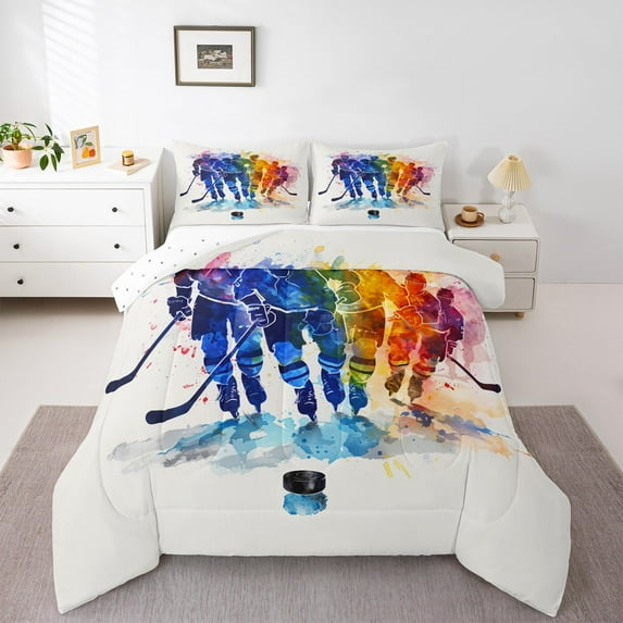 Manfei Watercolor Ice Hockey Bedding Comforter Set, Modern Sports Lover Twin Comforter Sets, Teenager Boys Girls Reversible Bedding Set, Ultra Soft Home Decor, 2pcs