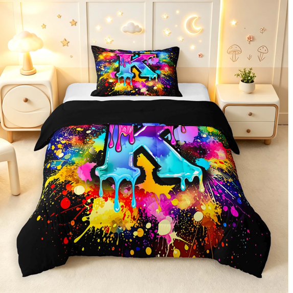Manfei Watercolor Initial K Twin Comforter Sets,Graffiti Art Style Bedding Set,Black,Black Reversible,2 Pieces,1 Comforter and 1 Pillowcase