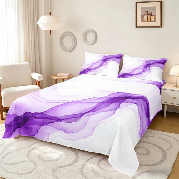 Manfei Watercolor Ink Painting Bed Sheets, Modern Abstract Art Fuul Size Sheets, Purple White, Black Reversible 4pcs1 Flat Sheet + 1 Fitted Sheet + 2 Pillowcases