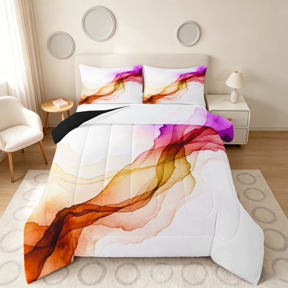 Manfei Watercolor Ink Painting Full Size Comforter Sets, Modern Abstract Art Bedding Comforter Set, Multicolor Purple Orange, Black Reversible 3 Pieces, 1 Comforter and 2 Pillowcases