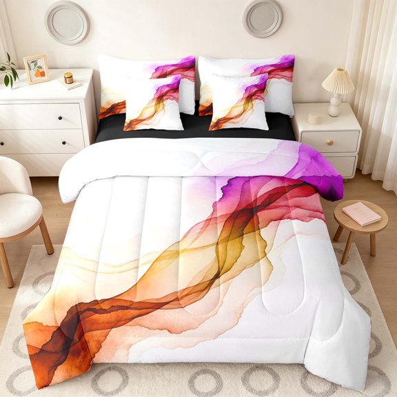 Manfei Watercolor Ink Painting Twin Bedding, Modern Abstract Art Bedding Comforter Set, Multicolor Purple Orange, Black Reversible 7-Piece