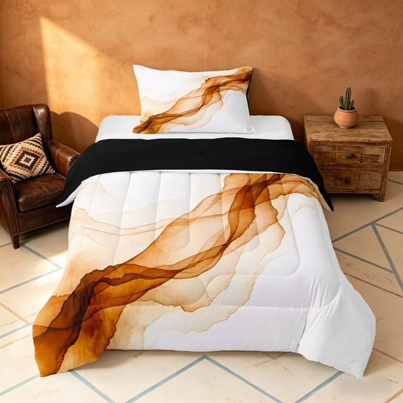 Manfei Watercolor Ink Painting Twin Comforter Sets, Modern Abstract Art Bedding Set, Brown White, Black Reversible 2-Piece, 1 Comforter and 1 Pillowcase