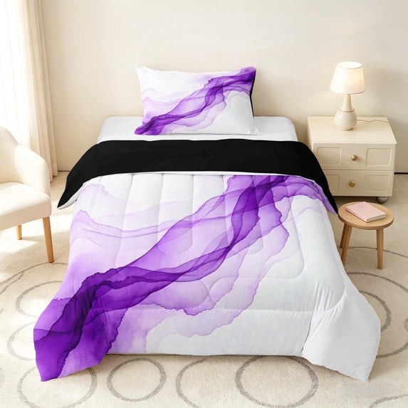 Manfei Watercolor Ink Painting Twin Comforter Sets, Modern Abstract Art Bedding Set, Purple White, Black Reversible 2pcs, 1 Comforter and 1 Pillowcase