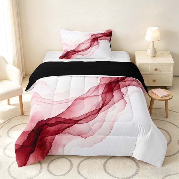 Manfei Watercolor Ink Painting Twin Comforter Sets, Modern Abstract Art Bedding Set, Red White, Black Reversible 2-Piece, 1 Comforter and 1 Pillowcase