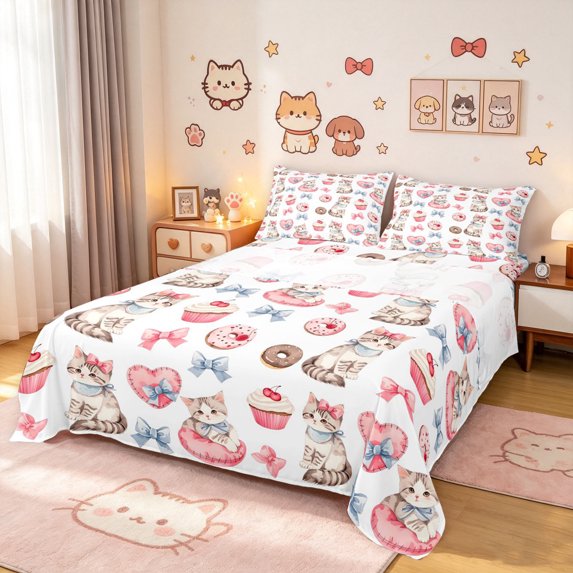 Manfei Watercolor Kitten Bed Sheets, Cupcake Donut Bow Full Size Sheets, White Pink, 4 Pieces, 1 Flat Sheet, 1 Fitted Sheet and 2 Pillowcases