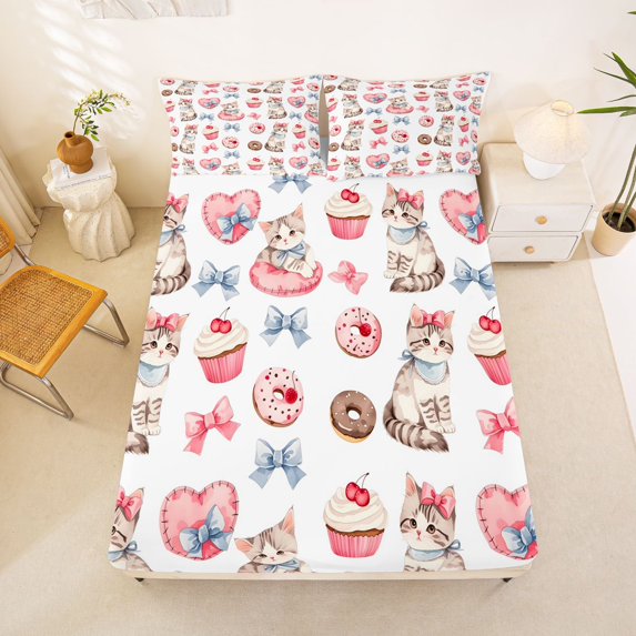Manfei Watercolor Kitten Fitted Sheet Full, Cupcake Donut Bow Bed Set, White Pink, 3 Pieces, 1 Fitted Sheet and 2 Pillowcases