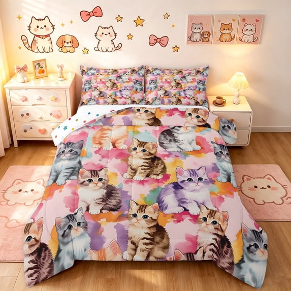 Manfei Watercolor Kitten Full Size Comforter Sets, Pastel Splash Bedding Comforter Set, Pink Purple, Polkadot Reversible, 3pcs, 1 Comforter and 2 Pillowcases
