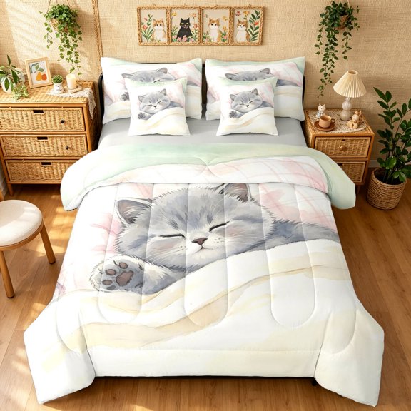 Manfei Watercolor Kitten Twin Bedding, Cute Cat Illustration Bedding Comforter Set, Cream Green Pink, Gray Reversible, 7-Piece