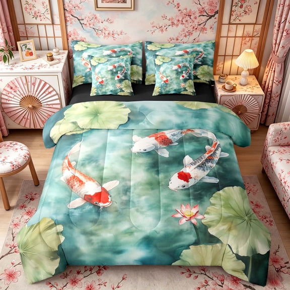 Manfei Watercolor Koi Fish Twin Bedding Sets for Home, Lotus Pond Bedding Comforter Set for Office, Green Red White, Black Reversible7-Piece