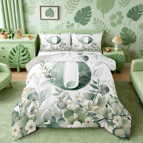 Manfei Watercolor Letter O Eucalyptus Flower Full Size Comforter Sets for Kids Boys and Girls, Botanical Print Bedding Sets, Gray Reversible 3pcs, 1 Comforter and 2 Pillowcases