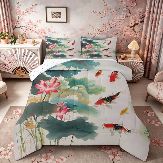 Manfei Watercolor Lotus Koi Full Size Comforter Sets, Red Carp Pond Bedding Sets, Teal Red White, Reversible 3 Pieces, 1 Comforter and 2 Pillowcases