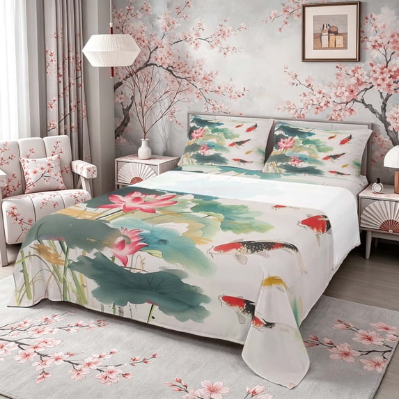 Manfei Watercolor Lotus Koi Full Size Sheets, Red Carp Pond Bed Sheets, Teal Red White 4 Pieces, 1 Flat Sheet, 1 Fitted Sheet and 2 Pillowcases